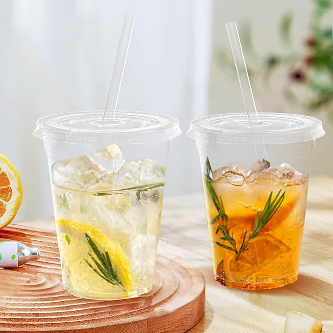 Dealusy 100 Pack - 16 oz Clear Plastic Cups with Lids and Straws | Sturdy & Food Safe Iced Coffee Cups with lids, Disposable Plastic Smoothie Cups for Cold Drinks