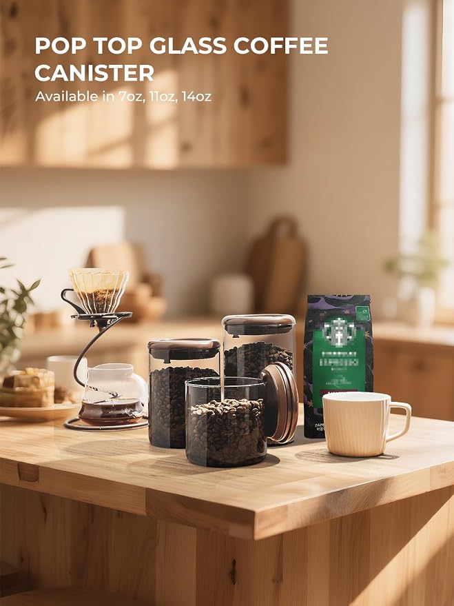 Airtight Coffee Canister, 10 oz Brown Glass Jar with Pop Lid & CO2 Valve | Small-Batch Coffee Storage for Beans, Espresso and Grounds, with One-Touch Access for Daily Brewing at Home or the Office