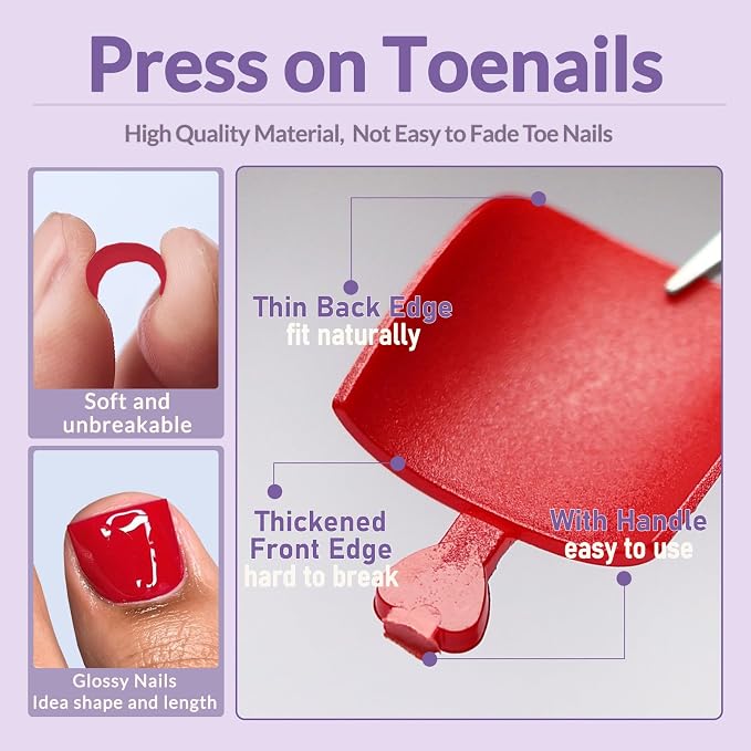 AddFavor 160pcs Red Press on Toenails for Women, Full Cover Fake Toe Nail Tips with Adhesive Tabs, Artificial Pedicure Toe Nail Press ons, Red False Toenail Press ons