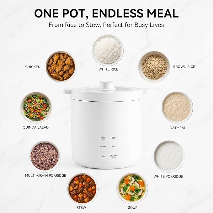 Mini Rice Cooker 2 Cup Uncooked, Small Electric Cooker, with 4 Cooking Functions, 24 Hour Preset and Heat Preservation, Anti Scald Carry Handle | Portable Rice Maker with 4 Cooking Functions, Nonstick Ceramic Coating, 24 Hour Preset, Auto Keep Warm for...