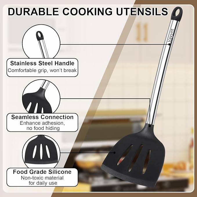Vayvnt Silicone Cooking Utensil Set, 8-Piece, Heat Resistant to 480℉, Black | Kitchen Utensils with Stainless Steel Handle, Non Toxic, Non-scratch on Nonstick Cookware, Large Long Size, Dishwasher Safe