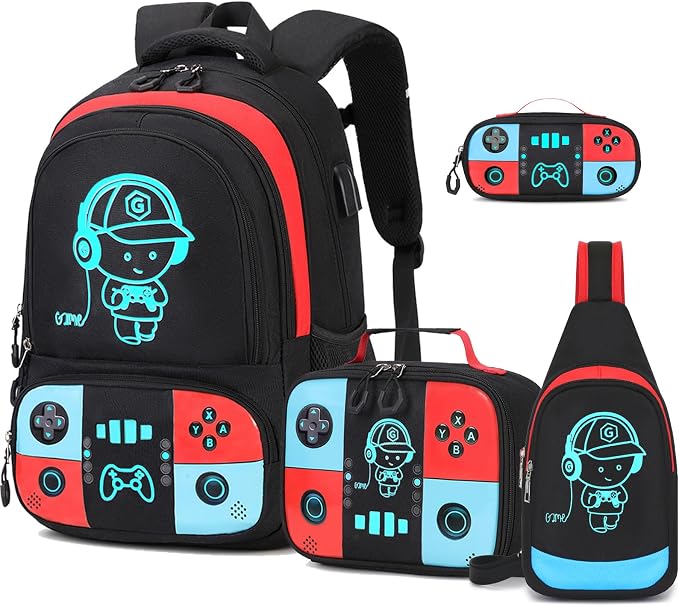 Backpack for School Boys, Cool Luminous Gamer Boys Schoolbag | with Lunch Box & Pencil Case Set for Kids Teens Elementary Middle School, Bookbag Glow In The Dark