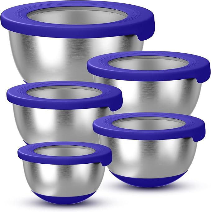 KITEISCAT Stainless Steel Mixing Bowls with Lids – Set of 5 Large Nesting Metal Bowls for Kitchen, Baking, Cooking, Food Prep & Storage, Non-Slip Base, Dishwasher Safe,Blue