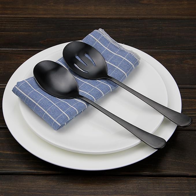 Serving Spoons Set, Black Stainless Steel, 8.7 Inch, Slotted and Solid Serving Utensils for Party Buffet Dinner Banquet Cooking Kitchen Basics, Mirror Finish Flatware, 4 Piece