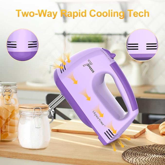 LILPARTNER Hand Mixer Electric, Ultra Power Kitchen Hand Mixer With 7-Speed & 5 Stainless Steel Accessories for Whipping Dough, Cream, Cake, Dishwasher Safe, Light Purple