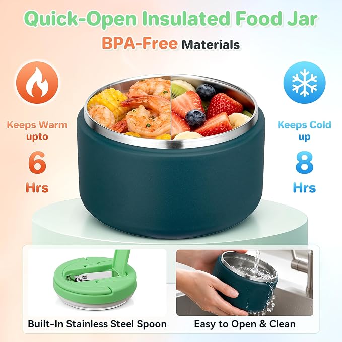 Bento Lunch Box for Kids with 8oz Soup Thermo,Kids Leakproof Lunch Food Containers with 4 Compartment,Kid Insulated Thermo Hot Food Jar for School,Trvael-Green
