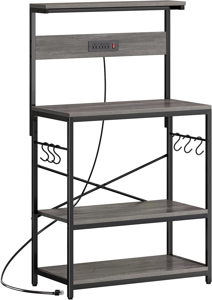 SUPERJARE Bakers Rack with Power Outlets, Microwave Stand, 31.5 X 16.5 Inch Larger Desktop, Kitchen Storage Rack with Adjustable Middle Shelf, 6 S-Shaped Hooks, Coffee Bar Stand, Grey