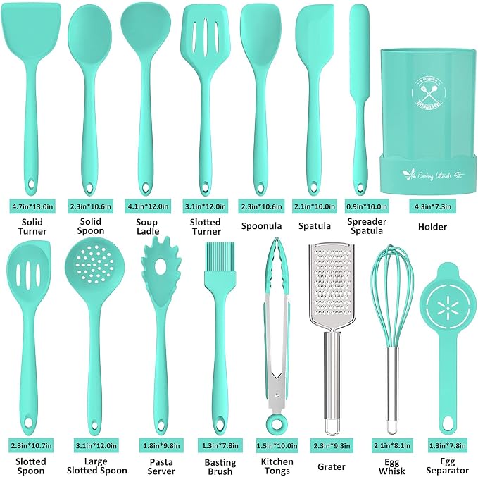 Silicone Kitchen Utensils Set, 16-Piece Silicone Cooking Utensils by Deedro | Heat Resistant Kitchen Tools Set with Holder, Nonstick Spatula Kitchen Gadgets for Cooking & Baking, Green