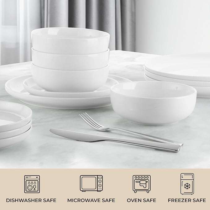 Zulay Kitchen Nova Porcelain Dinnerware Set, Service For 6 - Chip & Scratch Resistant White Plates And Bowls Sets - Microwave & Dishwasher Safe - White