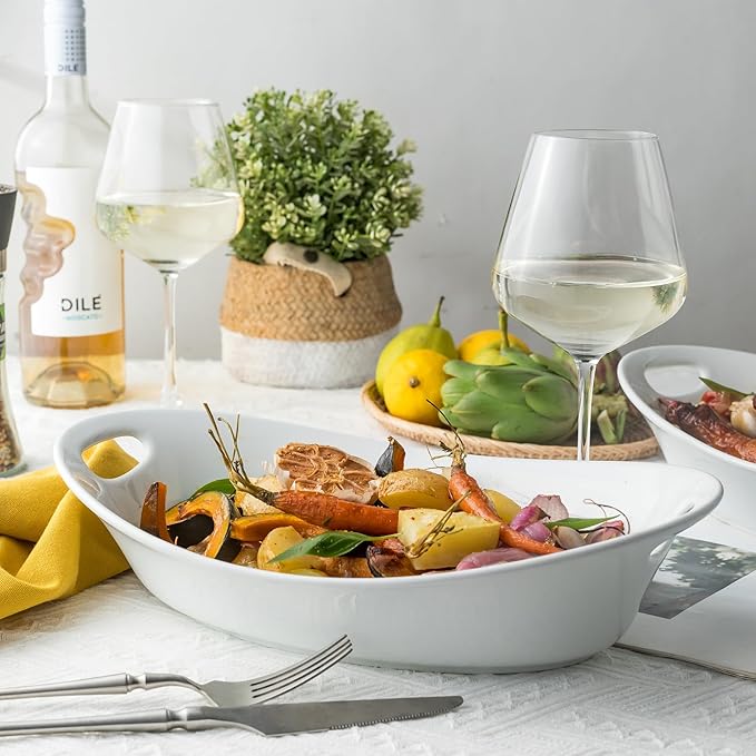 YHOSSEUN Large Serving Bowl with Handles, Oval Serving Platter Set of 2 | Thanksgiving Serving Dishes for Entertaining, Ceramic Salad Bowls Set, 1.5 Quarts, White, Microwave Dishwasher Oven Safe