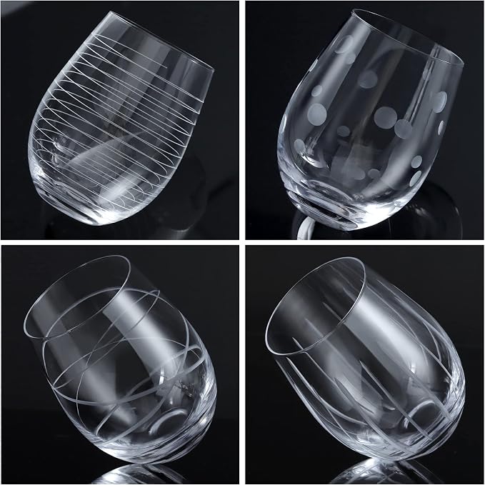 Joeyan Hand Blown Etched Stemless Wine Glasses with Dots Strips Pattern for Red Wine,Large Carved Drinking Glass Cups Tumblers for Wedding Anniversary Party Home,Set of 4,17.5 oz