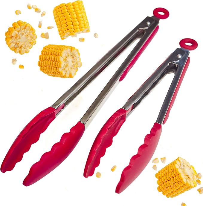 StarPack Premium Silicone Kitchen Tongs Set of 2 (9-Inch & 12-Inch) - Stainless Steel with Non-Stick Silicone Tips, High Heat Resistant to 480°F, For Cooking, Serving, Grill, BBQ & Salad (Cherry Red)