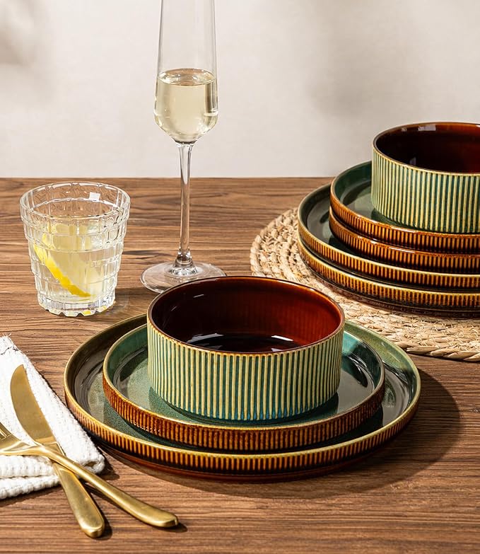 GBHOME Stoneware Dinnerware Sets for 4, 12 Pieces Plates and Bowls Set | Lightweight Ceramic Ribbed Dishes,Reactive Glaze Stackable Plate Set,Scratch Resistant,Microwave Dishwasher Safe,Maroon Olive