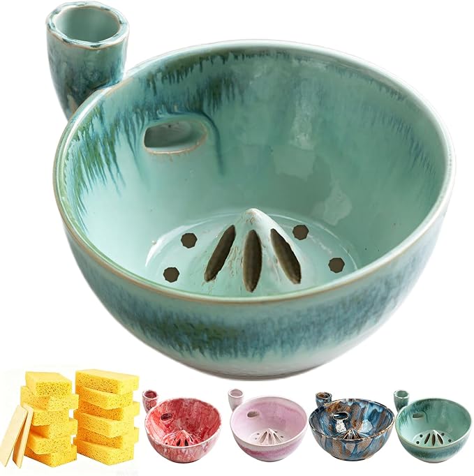 Self Spinning Ceramic Berry Washing Bowl with Drain Holes, 7'' Kitchen Fruit Washer Spinner Bowl with 10pcs Sponges (A-Green)