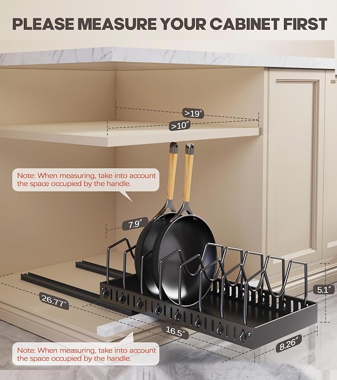 Lozovin Pull Out Pots and Pans Organizer Under Cabinet, Sliding Lid Holder and Pan Rack in Kitchen, Slide Out inside Cabinet Storage for Pot Lid, Bakeware, Dishes, 8 Adjustable Dividers, 1 Pack Black