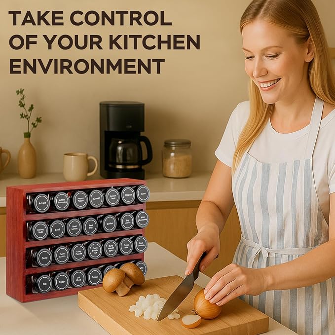 Bamboo Spice Rack Organizer with 28 Glass Spice Jars 4 oz Set Cherry Stain | 4 Tier Wood Hanging Shelf, 780 Labels, for Drawer Cabinet Kitchen Countertop Wall Mount, Empty 4 oz Glass Jars