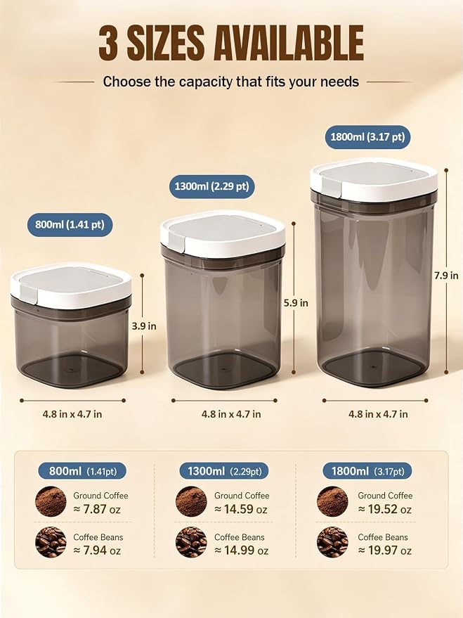 Lupow Airtight Coffee Canister with Magnetic Spoon, 1.8L BPA-Free Plastic Coffee Container for 20oz Ground Coffee & Beans, Dual Seal Locking Lid, Dark Brown Pantry Storage Jar