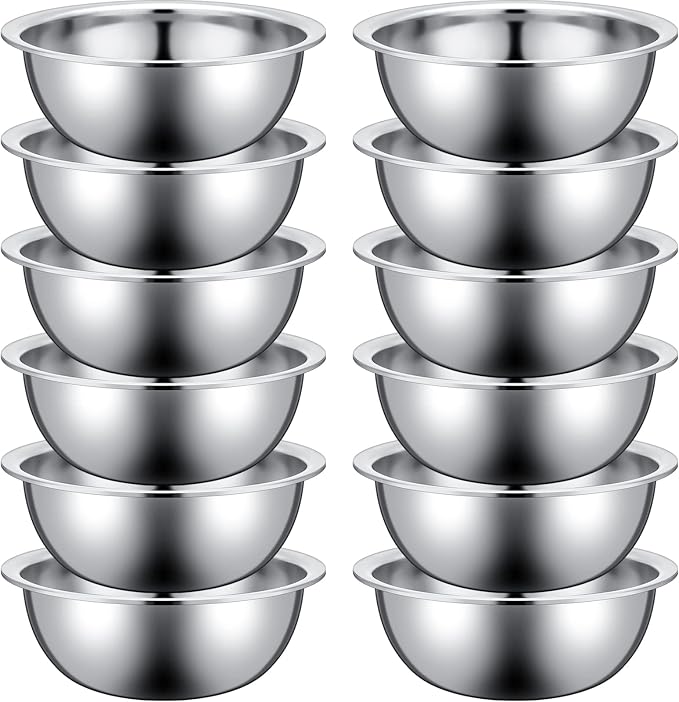 Pinkunn 12 Pcs Stainless Steel Mixing Bowls, Nesting Metal Salad Prep Bowls Bulk Reusable Baking Food Container Large Medium Small for Kitchen Hotel Restaurant Cooking, Silver (11.8 x 3.74 Inch)