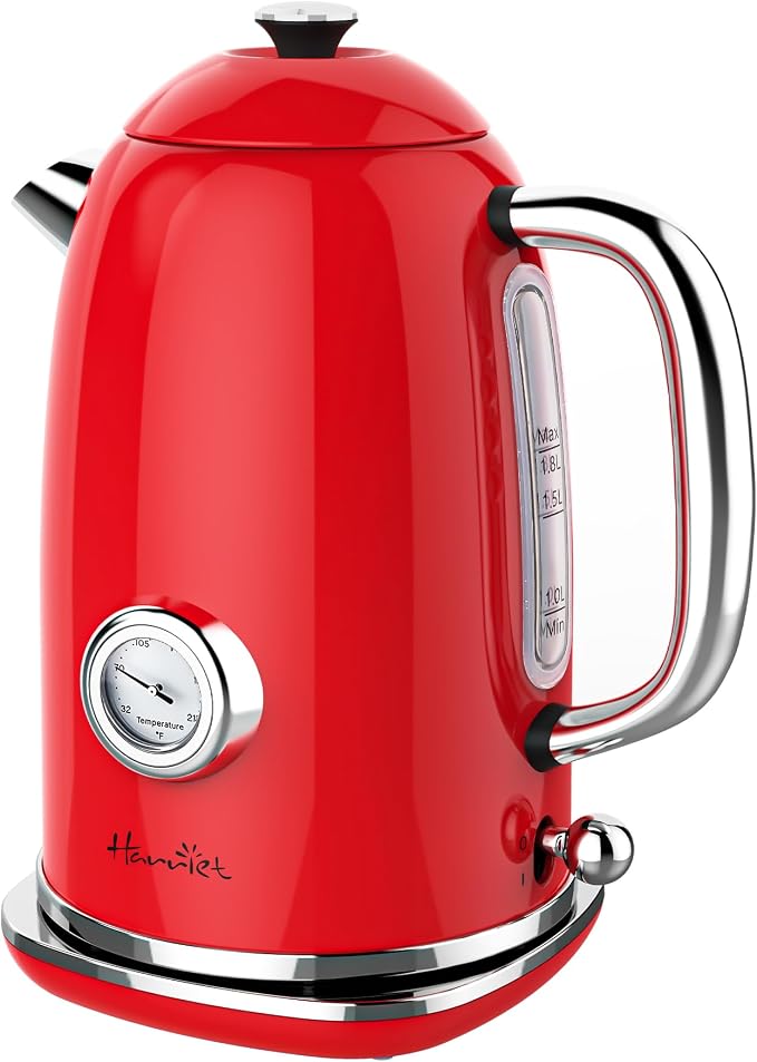Harriet 61 oz Electric Kettle with Thermometer, Hot Water Pot, Retro | Electric Tea Kettle for Boiling Water, 1500W Stainless Steel Pot, Auto Shut-Off & Boil Dry Protection, Cordless LED Indicator