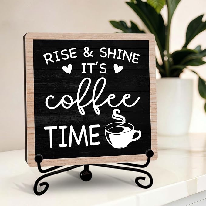 Rustic Coffee Bar Decor, 5"x5" Coffee Bar Sign | Rise & Shine It's Coffee Time Wood Plaque with Stand | Farmhouse Gift for Home Kitchen Tabletop Desk - A02
