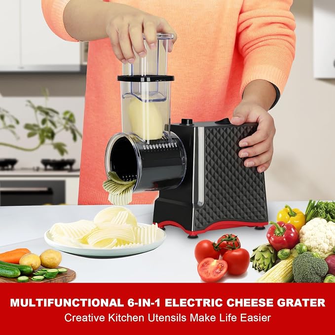 YOTAN Electric Cheese Grater, 250W Cheese Shredder with 6 Stainless Blades | One-touch Operation, Interchangeable, Electric Food Slicer for Cheese, Vegetable, Potatoes, Nuts and Meal Prep, Easy to Clean