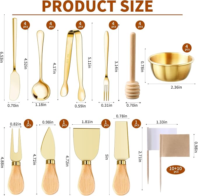 48 Pcs Charcuterie Boards Accessories Butter Spreader Knives Set Stainless Steel Cheese Mini Serving Tongs Spoons Forks Dipping Bowls Toothpick Flags Utensils for Pastry Making Wedding Christmas(Gold)