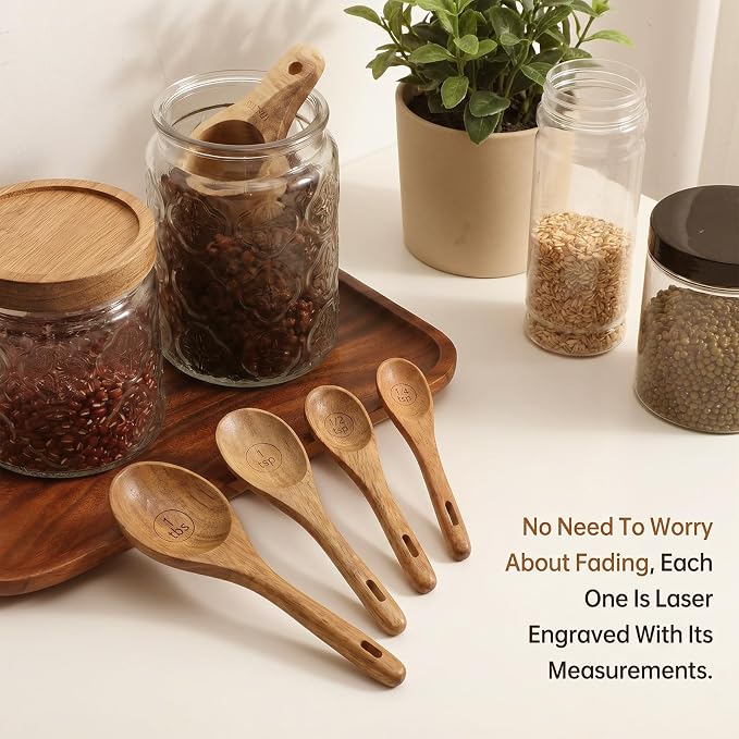 8 Piece Wooden Measuring Cups and Spoons Set, Solid Acacia Wood | Laser Engraved Measurements, Acacia Wood Measuring Cups, Natural Wood Kitchen Accessories, Perfect for Baking and Cooking
