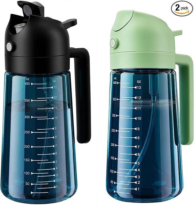 Glass Olive Oil Sprayer for Cooking (16oz/470ml), 2 in 1 Olive Oil Dispenser Bottle for Kitchen Gadgets and Air Fryer Accessories, Salad, BBQ (2-Pack, Blue Black Green)