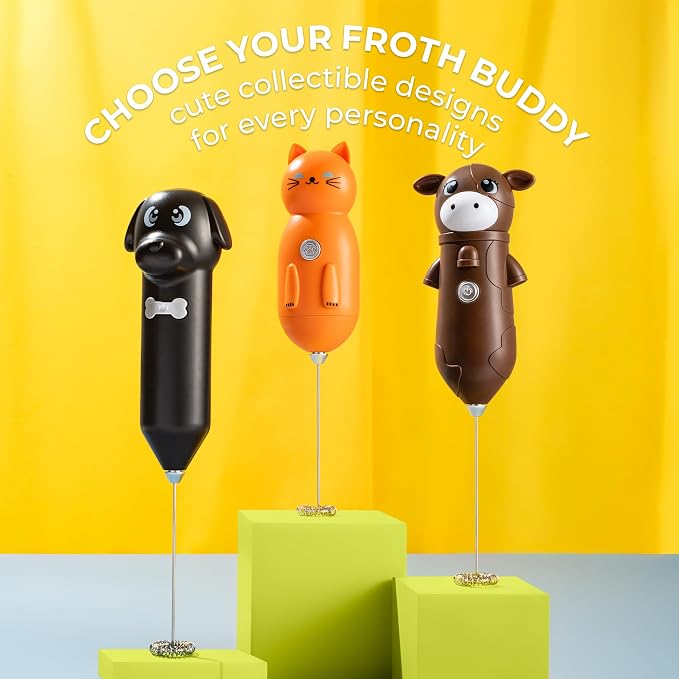 Zulay Kitchen Cow Milk Frother Wand – Cutesy Frother, Meet Your New Frothing Buddy Chocolate The Cow, Adoption Papers and Stickers Included, Purrr-fect for Lattes, Cappuccino & Matcha – Brown