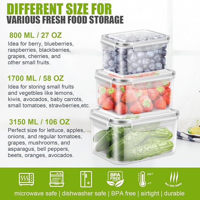 6 Pieces Large Fruit Produce Storage Containers for Fridge Keep Fresh | 3 Pack Lettuce Keeper with Colander, BPA-Free Plastic Berry Containers Vegetables Saver Refrigerator Organizer