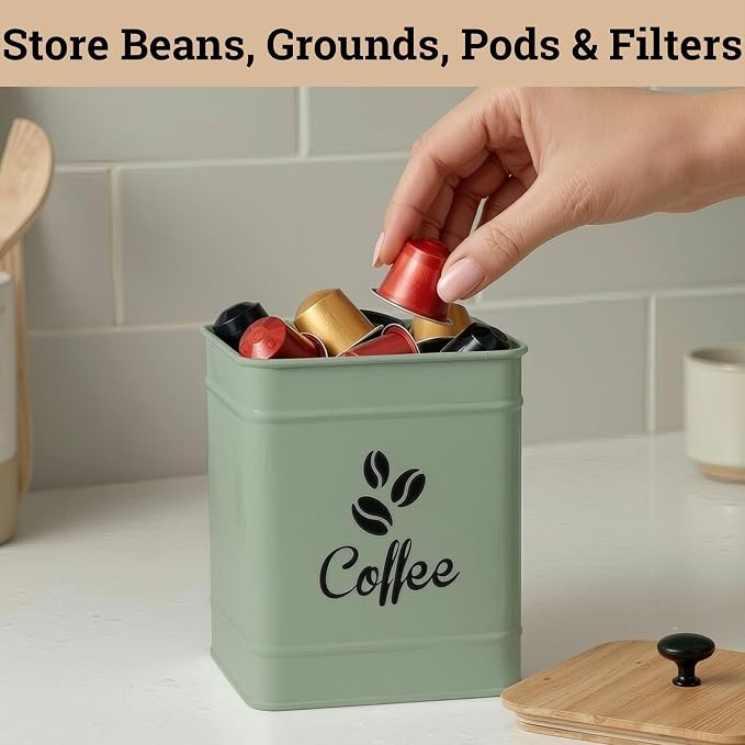 Airtight Coffee Canister 40 oz, 6"x 8" Metal Jar w/ Rubber-Lined Bamboo Lid | 40oz Large Iron, Airtight Coffee Container, Bamboo Lid, Stylish Countertop Container for Coffee Grounds, Beans, Pods & More
