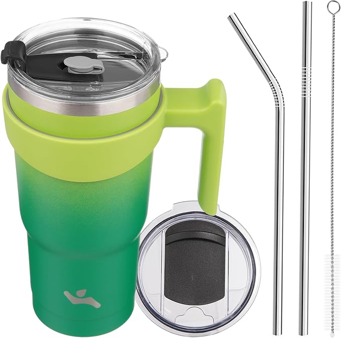 Konokyo 20 oz Tumbler with Handle and Straw, Insulated Travel Mug | Matcha Green; BPA-free, leak-proof tumbler with 2 lids, 2 straws, cup holder fit for coffee, office, travel & daily use