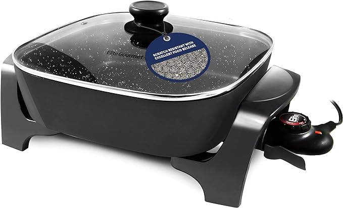 Elite Gourmet EG6201 Non-Stick Electric Skillet, 12"x12" 7.5Qt, Black | Scratch-Resistant, Dishwasher-Safe Design - Glass Vented Lid - Adjustable Temperature for Family Meals - Extra-Deep 3.2"