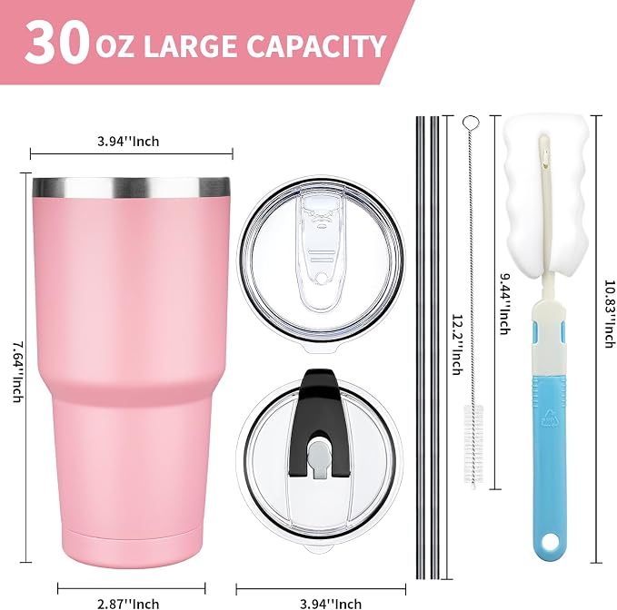 30 oz Tumbler with Lids and Straws, Stainless Steel Insulated Coffee Tumbler, Double Wall Vacuum Insulated Travel Mug Cup, Leakproof Thermal Coffee Cup for Hot and Cold Drinks (Light Pink)