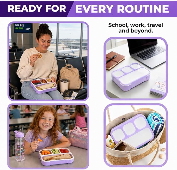 kinsho Bento Lunch Box for Kids Women Adults Girls School Work | Snack Containers for Toddlers Tweens | 4 Divided Sections for Portion Control includes Utensils BPA Free | Purple