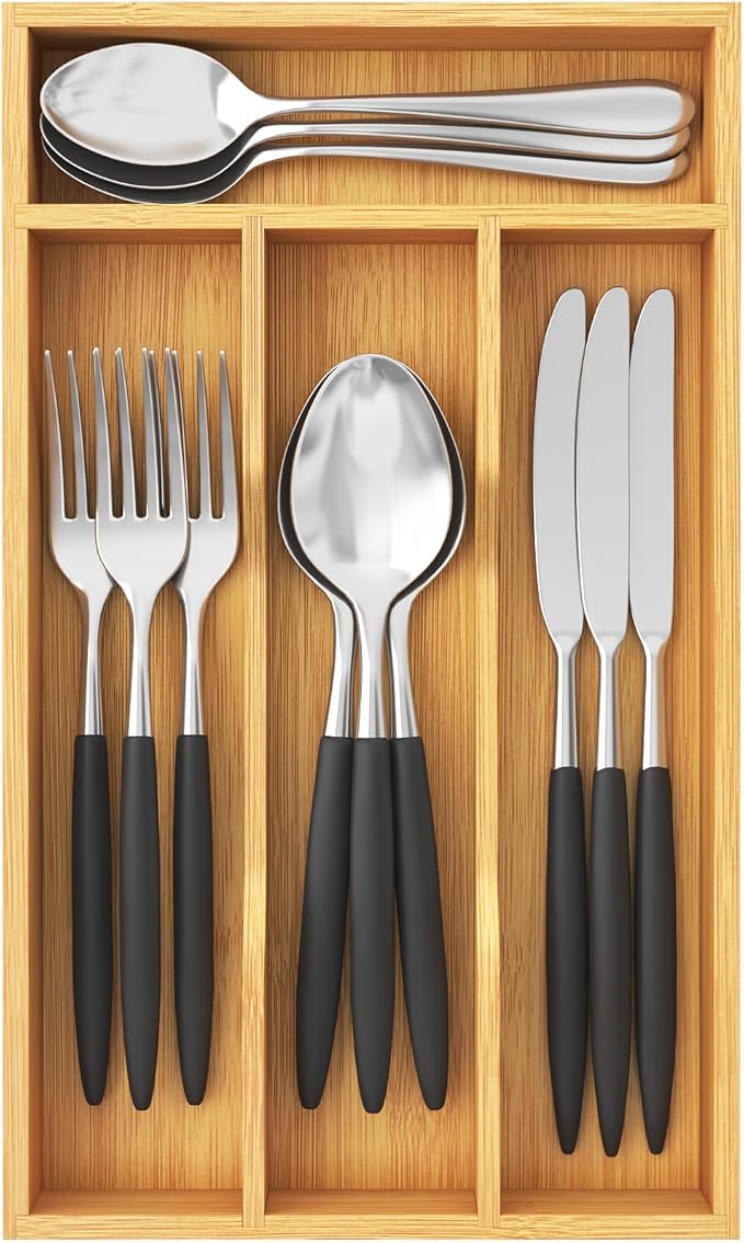 Lifewit Bamboo Silverware Tray for Drawer, 6.7 x 12 | Utensil Organizer for Kitchen, Flatware and Cutlery Holder, Storage for Spoons Forks Knives, Natural