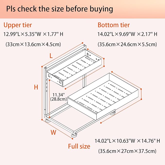 Under Sink Organizer, Bathroom Counter Organizer, 2 Pack 2 Tier L-Shape White, Adjustable Height Carbon Steel, Under Cabinet Storage with Pull Out Drawer, Use for Kitchen Bathroom Office Shop Laundry