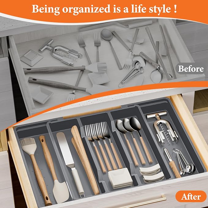 Large Expandable Silverware Drawer Organizer, Utensil Tray | Kitchen Drawer Organizer for Spoons/Forks/Knives, Multipurpose & BPA Free Cutlery Tray(2 Pack, Gray)