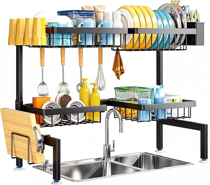ARSTPEOE Large Over The Sink Dish Drying Rack 2 Tiers 4 Baskets | Fits All Sinks (from 26.57" to 35"), 2-Tier Adjustable SinkRack, Dishes Rack Kitchen Storage Organizer, Space Saving