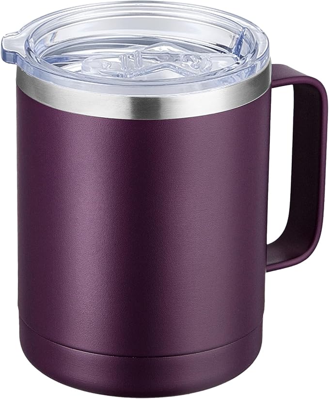 MEWAY 12oz Coffee Mug With Handle and Sliding Lid,Stainless Steel Travel Tumbler Cup with Handle,Double Wall Vacuum Insulated Camping Cup for Hot & Cold Drinks Tea (Plum,Set of 1)