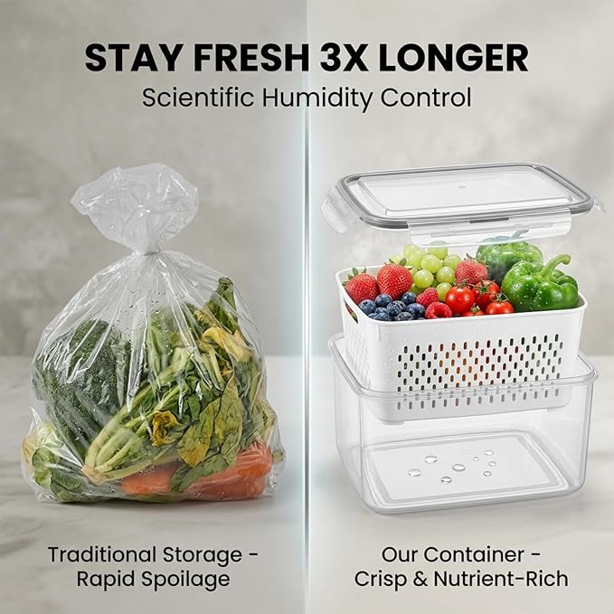 Food Storage Containers for Fridge with Removable Colander,Leakproof Food Storage Containers,Dishwasher Safe Produce Saver, Keep Berry Fruit Fresh Longer (3300ml*1)