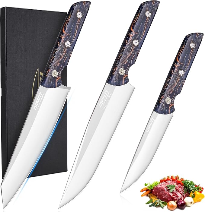 Topfeel 3-Piece Kitchen Knife Set, 5Cr15MoV High Carbon Stainless Steel | Includes 8-inch chef and Kiritsuke knives plus 5-inch utility knife with full-tang acrylic handles and gift box