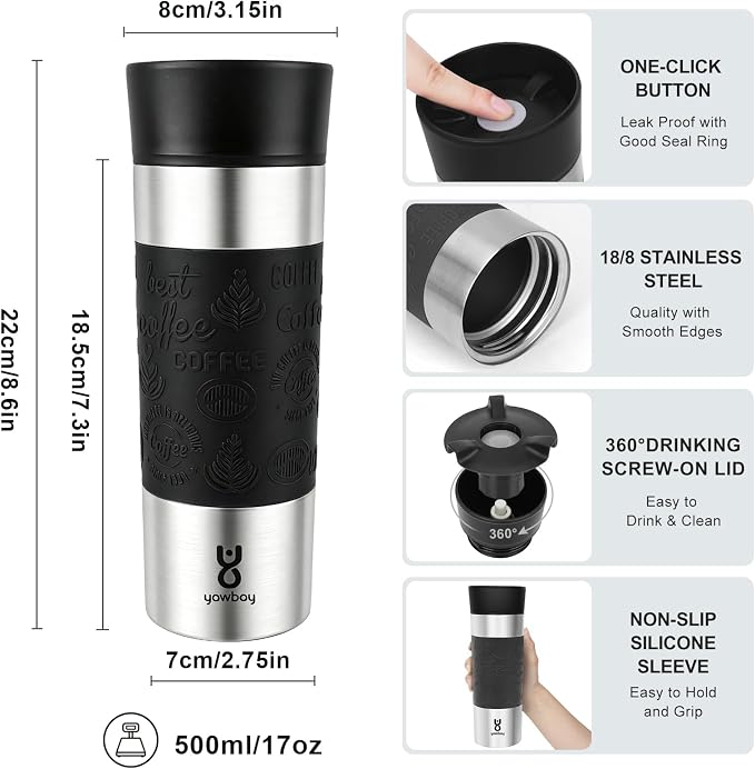 Travel Coffee Mug with 360°Lid, Travel Coffee Tumbler 16 oz Leak Proof, Stainless Steel Insulated Travel Mugs for Hot and Cold Spill Proof Leak Proof(Black)