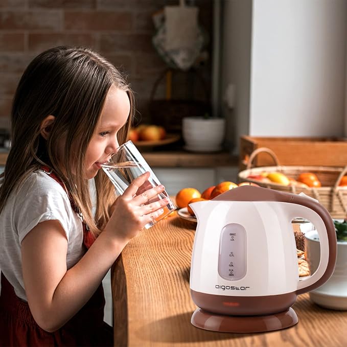 Aigostar Small Electric Kettle, 1L Portable, 1100W, Brown | Electric Tea Kettle, Automatic Shut-Off and Boil Dry Protection, Travel Hot Water Boiler Cordless, For Making Coffee and Tea