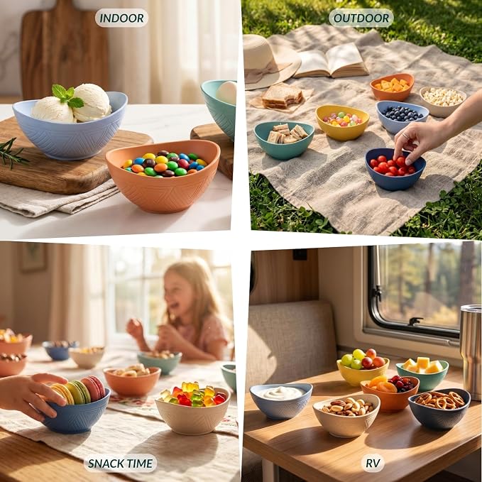 Wheat Straw Bowls 10 OZ Small Serving Bowls Unbreakable Dessert Bowls for Kitchen, Camping, RV, Party, Unbreakable Mini Oval Bowls for Ice Cream Microwave and Dishwasher Safe (6 PCS Multi)