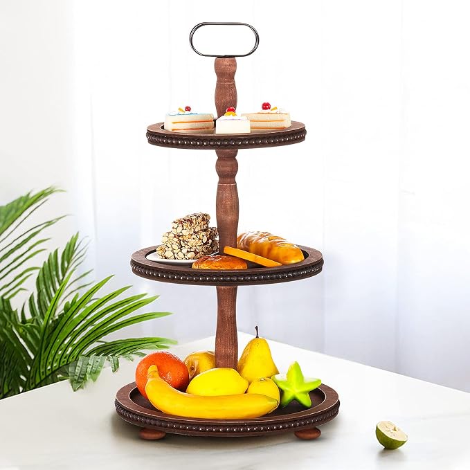 Urban Deco Wooden Tiered Tray 3-Tier Decorative Tray Stand Farmhouse Serving Tray, Round Wooden Cupcake Display Stand with Metal Handle, Brown Tiered Fruits Tray for Home Party Decorations