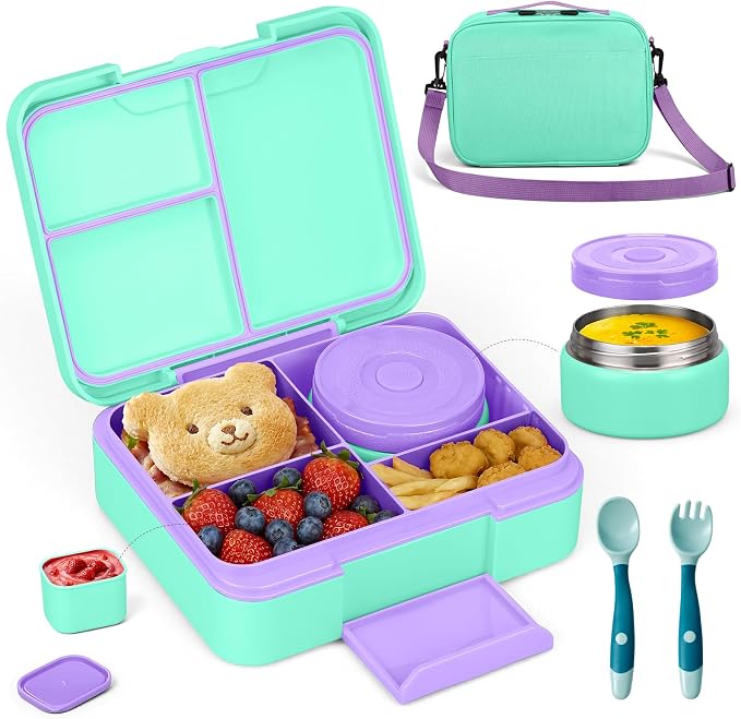 WyfKyd Bento Lunch Box Set with Soup Thermo Food Container for Kids Adults | Bento Box Set with 9.5oz Soup Thermo Kids Leak-proof Lunch Box Container with Insulated Hot Food Jar and Bag for School Green