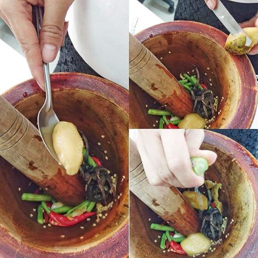 Wooden Mortar 8 Inches Pestle Grinding Herb Garlic Papaya Salad Som Tum Thai kitchen Tool 1 Set