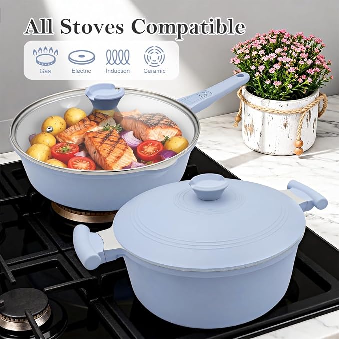 AIKENBBKK Pots and Pans Set Non Stick, Ceramic Cookware Set, Nonstick Steamer Pot and Pan for Cooking, Kitchen Cooking Set Non Toxic, Induction Compatible, Detachable Handle, Oven Safe, PFOA Free,Blue