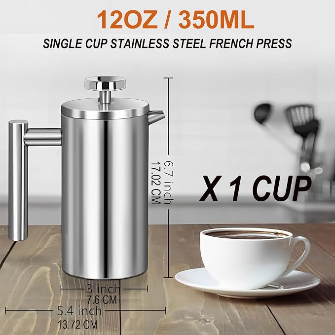 Small French Press Coffee Maker 1 Cup - 12oz/350ml Single Cup Metal French Press(1 Cup), Stainless Steel Double Wall Insulated Coffee & Tea Maker w/ 3 Extra Screens + 1 Spoon (Silver), Dishwasher Safe